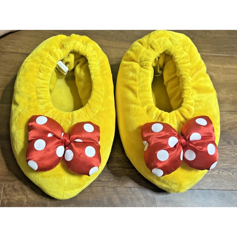 Disney Parks Minnie Mouse Plush Slippers Yellow Red White Polka Dot Bow Adult S - Picture 5 of 9